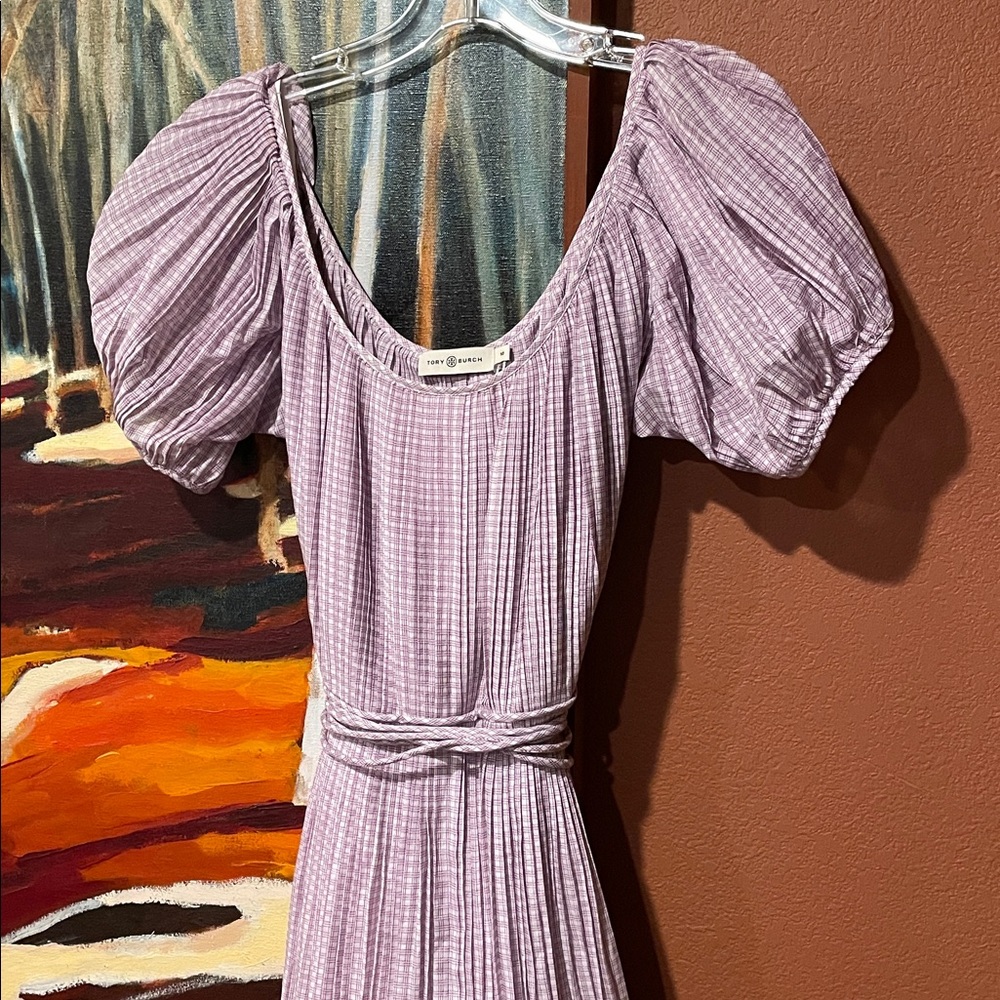 Tory Burch NWT Cotton/Silk Purple Plaid Pleated Dress, Size 10, New! - Picture 7 of 9